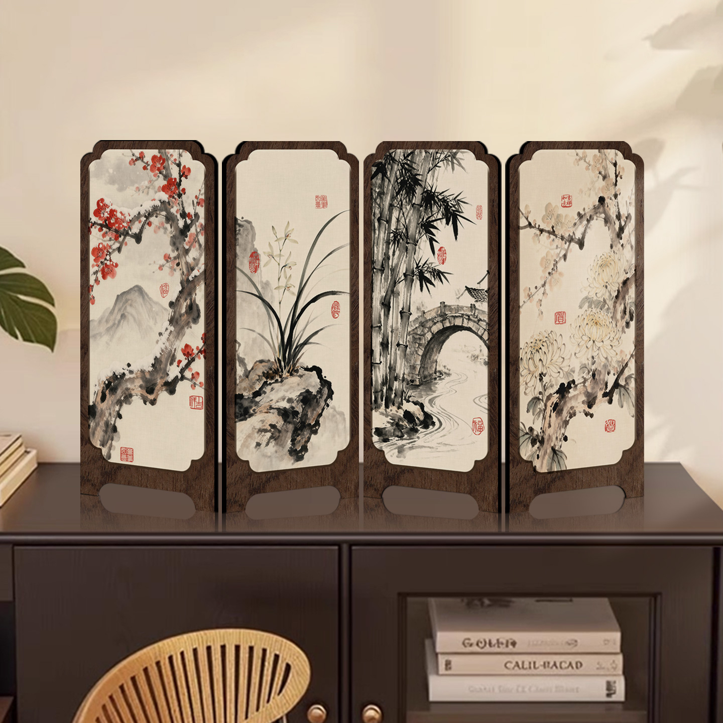 新中式小屏风桌面摆件茶室茶桌客厅玄关边柜装饰品复古中古风摆画 - 图0