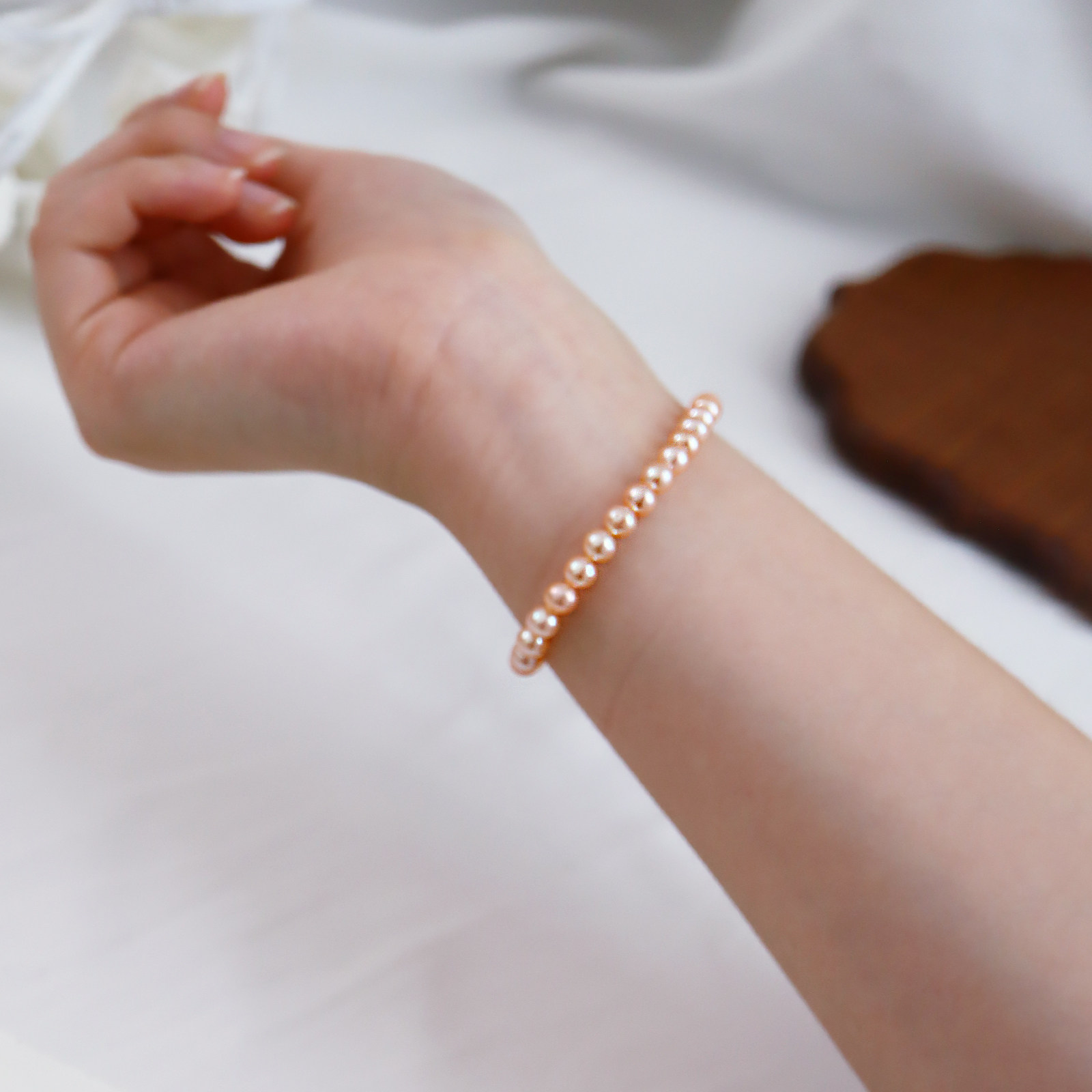[心想事橙]天然橘粉珍珠手链女5-6mm极光近圆诸暨淡水珍珠手串,淘宝优惠券,粉丝福利购,淘宝优惠卷