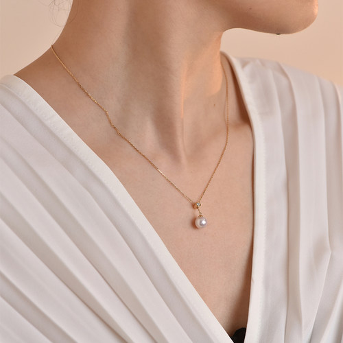 akoya天然海水天女珍珠项链18K金Y字可调节链正圆吊坠锁骨链 - 图1