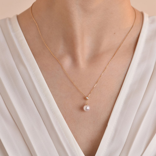 akoya天然海水天女珍珠项链18K金Y字可调节链正圆吊坠锁骨链 - 图0