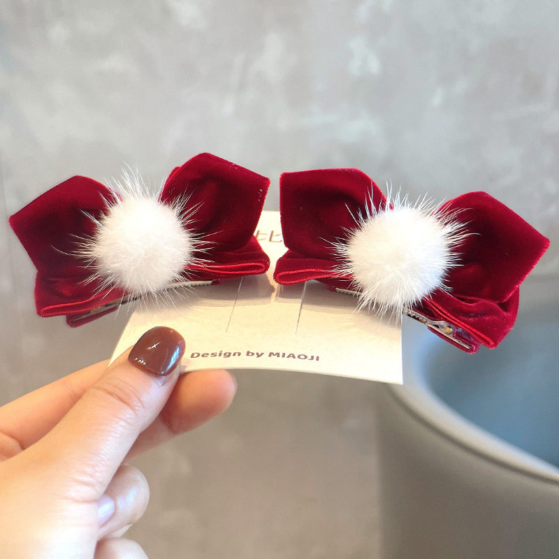 新款酒红色丝绒儿童发饰水貂毛球立体对夹女童发夹网红女童头饰品,淘宝优惠券,粉丝福利购,淘宝优惠卷