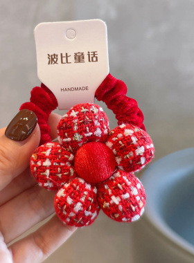 韩系新年款酒红布艺爱心小熊丝绒米妮蝴蝶结儿童发圈女童发绳发饰