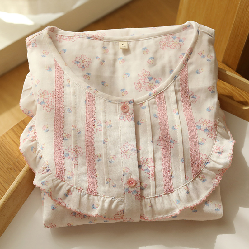 蔓秋meju短袖圆领睡裙纯棉纱布套头花边宽松裙子睡衣女家居裙清新 - 图1