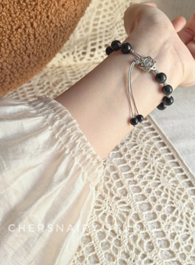 月砚/s925银六芒星天然拉长石灰月光石彩虹眼黑曜石手串手链/奈狸