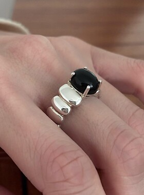 韩国ins简约S925纯银 黑玛瑙戒指设计感个性小红书戒指女韩版指环