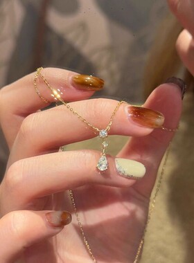 24k黄金色水滴闪钻项链简约高纯度沙金清冷感细闪锁骨链送礼物女
