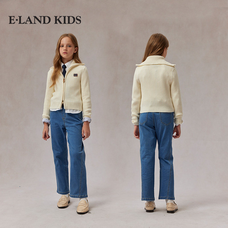 eland kids衣恋童装女童牛仔裤2025年春秋学院风刺绣裤子直筒裤,淘宝优惠券,粉丝福利购,淘宝优惠卷
