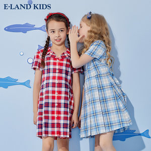 eland Kids衣恋童装夏季女童校园风复古格子短袖连衣裙