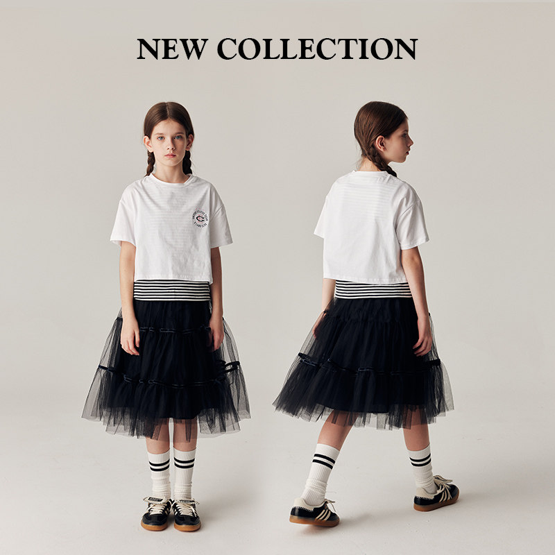 eland kids衣恋童装女童T恤夏季休闲印花条纹上衣刺绣假两件短袖,淘宝优惠券,粉丝福利购,淘宝优惠卷