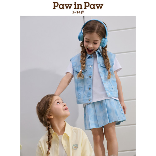 PawinPaw卡通小熊童装春夏女童百搭彩色牛仔马甲外套 - 图0