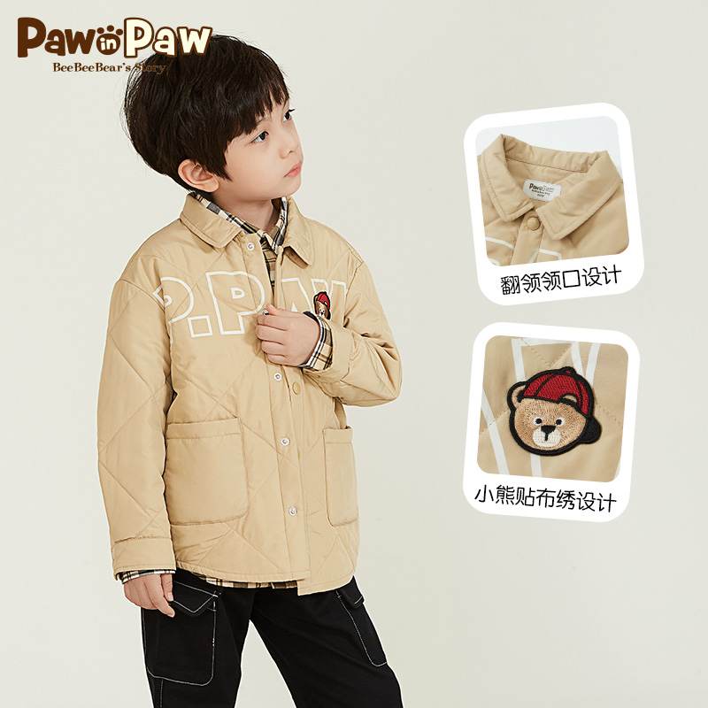 PawinPaw小熊童装春季男童棉服衬衫领绗缝夹棉外套蓄热 - 图0