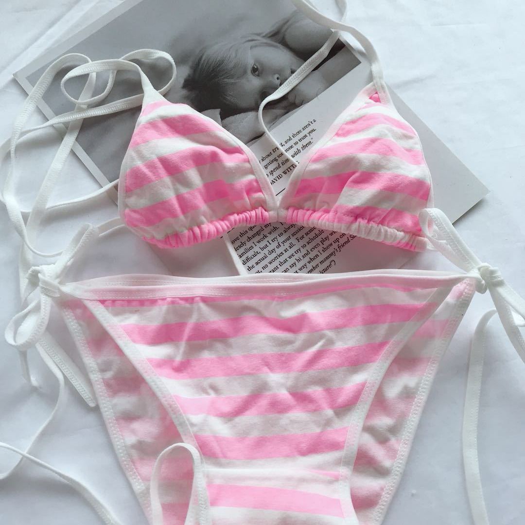 日系绑带二次元蓝白条纹套装蓝白胖次cos动漫少女比基尼内裤纯棉 - 图1