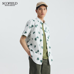 SCOFIELD男士衬衣夏季23新款舒爽透气随性印花棉麻度假风短袖衬衫