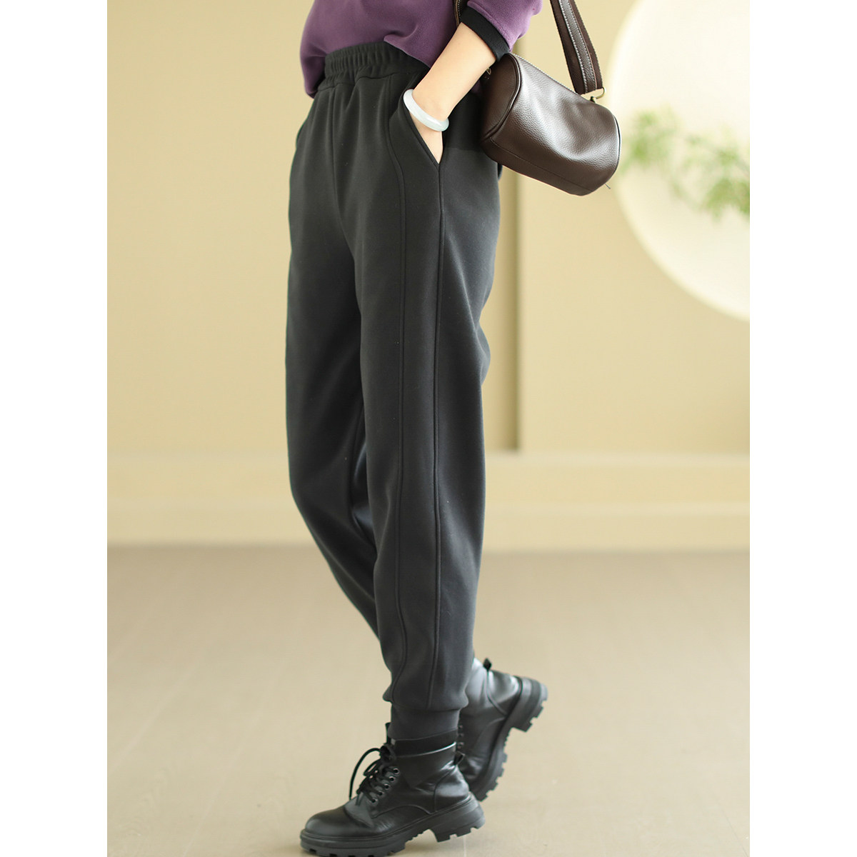 代勒原创冬装新款奥利绒加厚休闲裤女宽松紧腰萝卜裤纯色哈伦裤,淘宝优惠券,粉丝福利购,淘宝优惠卷