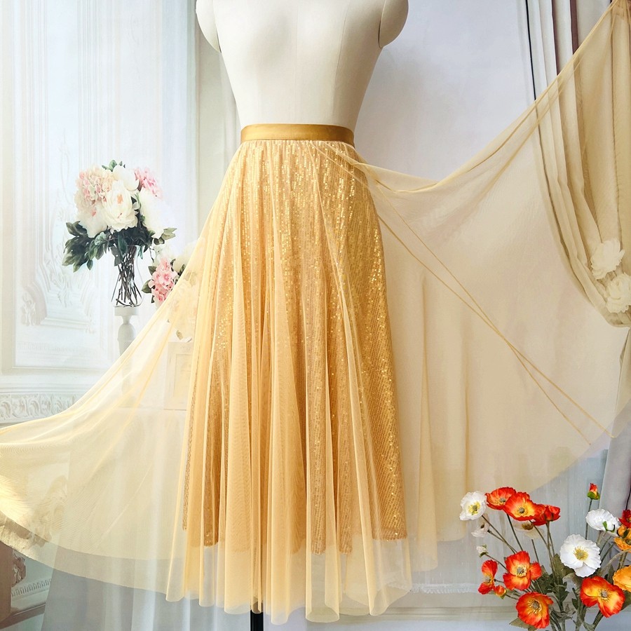 金色亮片半身裙女长款2024秋季新款松紧腰显瘦A字轻奢气质大摆裙,淘宝优惠券,粉丝福利购,淘宝优惠卷