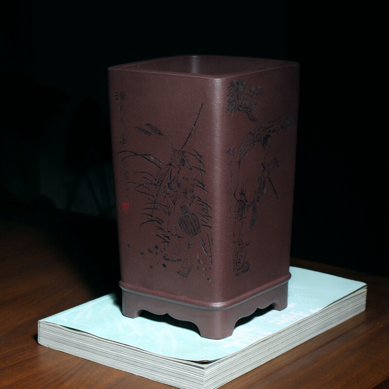 名家菱花足四方形签筒精品紫砂花盆许雷刻绘渔樵耕读兰花盆景盆栽