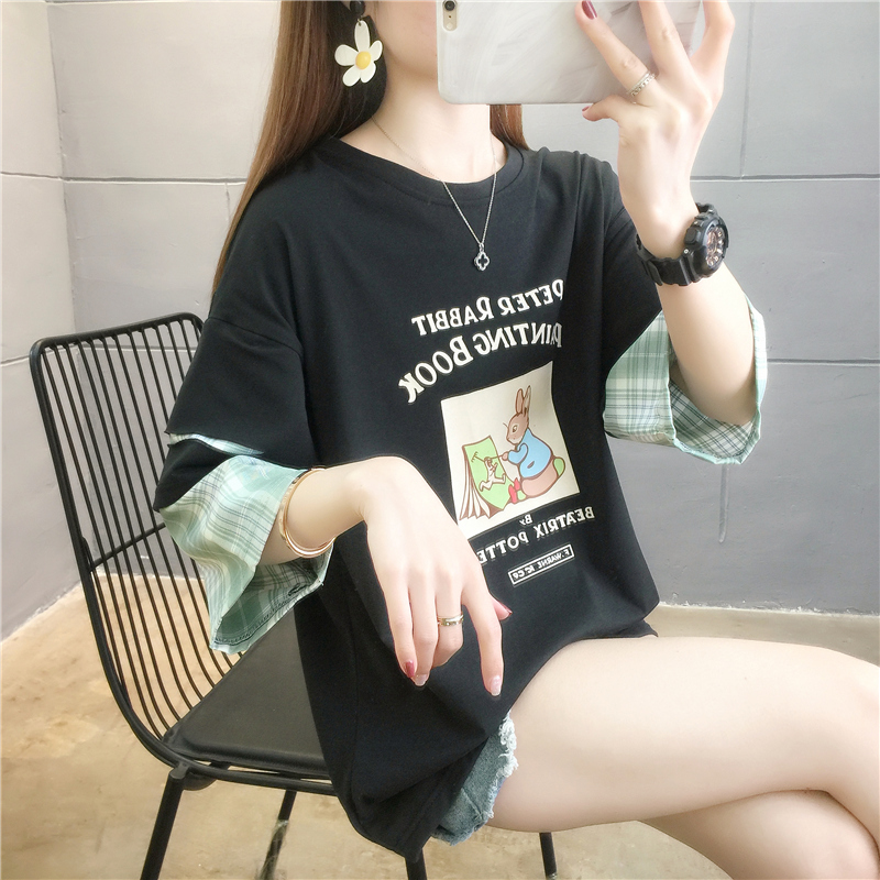 韩版上衣服女夏装半截短袖中学生7分七分中袖T恤桖宽松百搭学院风