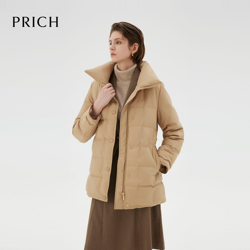 【90%鹅绒】PRICH时尚翻领束腰型面包格保暖羽绒服冬季新款女 - 图0