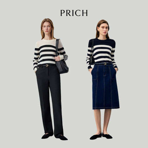 【100%绵羊毛】PRICH时尚黑白条纹针织衫冬季休闲毛衣女 - 图3