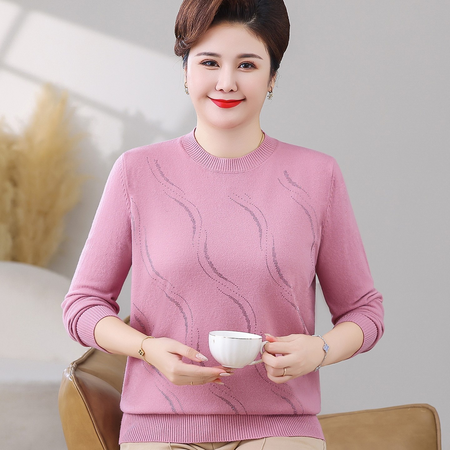 大码中老年女春秋装宽松毛衣打底衫200斤胖妈妈洋气加肥加大上衣,淘宝优惠券,粉丝福利购,淘宝优惠卷