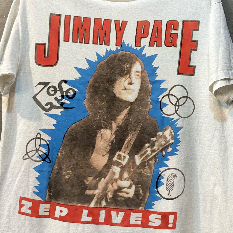 Jimmy Page吉米·佩奇人像印花高街摇滚痞帅vibe宽松短袖男女T恤 - 图1