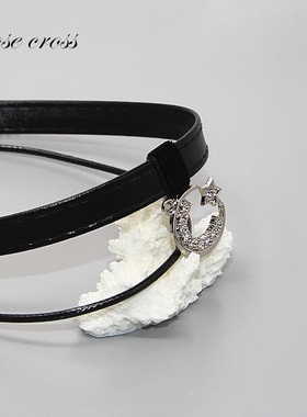 星月圆环黑色皮质颈带双层短款