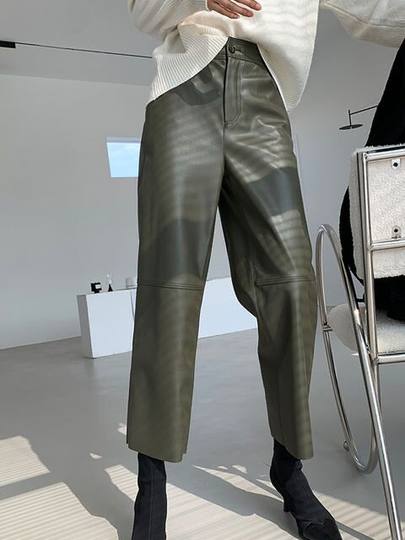 欧洲站2025秋冬新款真皮皮裤绵羊皮皮裤橄榄绿直筒九分女气质长裤