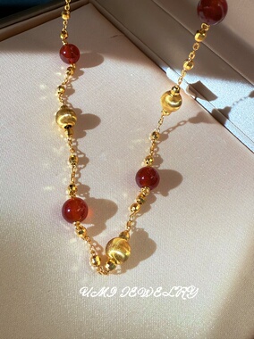 UMI家·轻珠宝/S925银镀k金猫眼镭射拉丝金珠红玉髓项链新年礼物