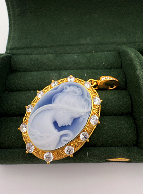 UMI家·轻珠宝/S925银镀k金·卡梅奥玛瑙雕刻风神吊坠镶钻复古