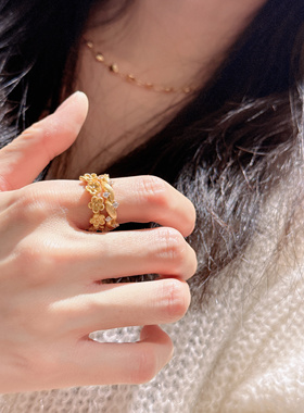 UMI家·轻珠宝/S925银镀k金·意大利拉丝小花整圈花环戒小众设计