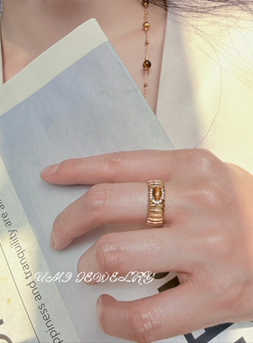 UMI【暮色】S925银镀k金光面梯子纹天然虎眼石戒指耳钉套组美拉德