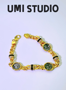 UMI家·轻珠宝/S925银镀k金复刻古币三币珐琅彩镶钻古巴手链高级