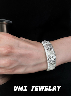 UMI家·轻珠宝/S925银镀k金复古vintage织纹雕金镂空宽版手镯高级