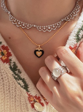 UMI家·轻珠宝/波浪蕾丝裙摆满钻项链/S925银镀18k白金法式轻奢风