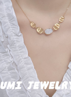 UMI家·轻珠宝/S925银镀k金·意大利工艺拉丝银扇草镶钻项链手链