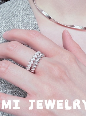 UMI家·轻珠宝/S925银镀k金·波浪扭纹镶钻光面戒指素圈叠戴小众