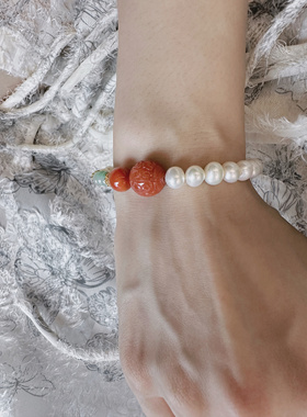 UMI家·轻珠宝/S925银镀金·强光淡水珍珠风铃南红回纹珠手串国风