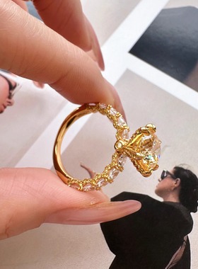 UMI家·轻珠宝/S925银镀金·招财黄钻裸石六爪镶嵌满钻女戒高级感