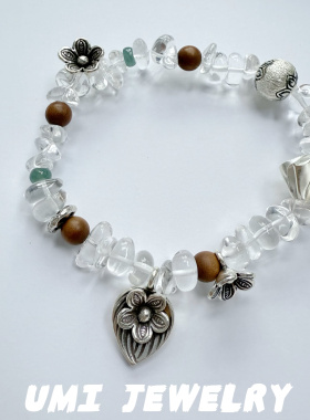 UMI家·轻珠宝/S925银镀k金超重工泰银白水晶老山檀手串项圈复古