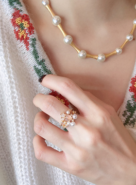 UMI家·轻珠宝/S925银镀k金·优雅气质双层星星粉晶珍珠戒指小众