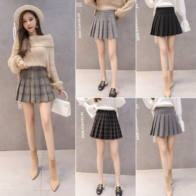 爱雅蜜旗舰店毛呢百褶裙女高腰A字短裙子学院风秋冬新款韩版格子半身裙子3