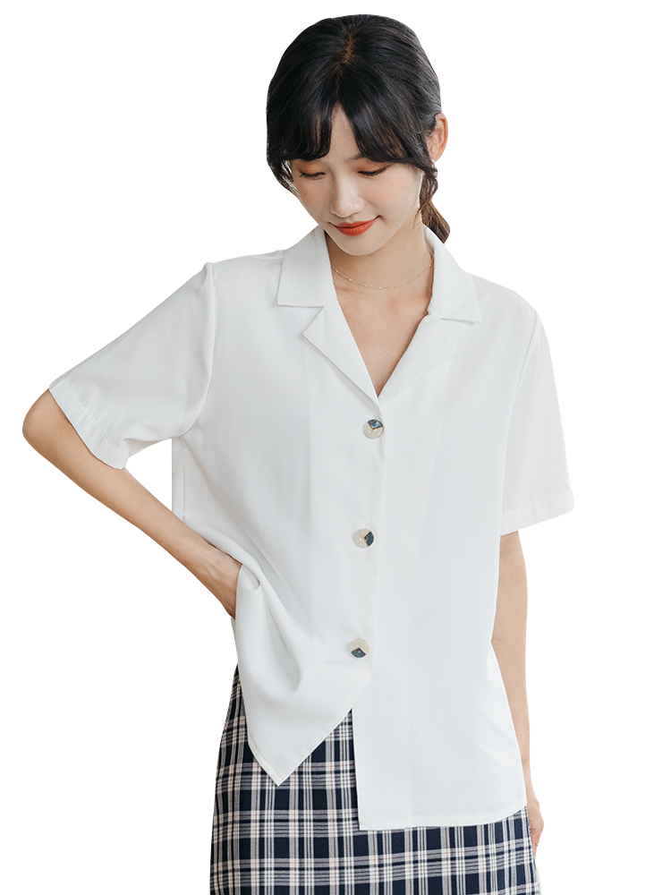 爱雅蜜旗舰店设计感小众西装领短袖白色衬衫女夏法式宽松职业面试衬衣雪纺上衣3