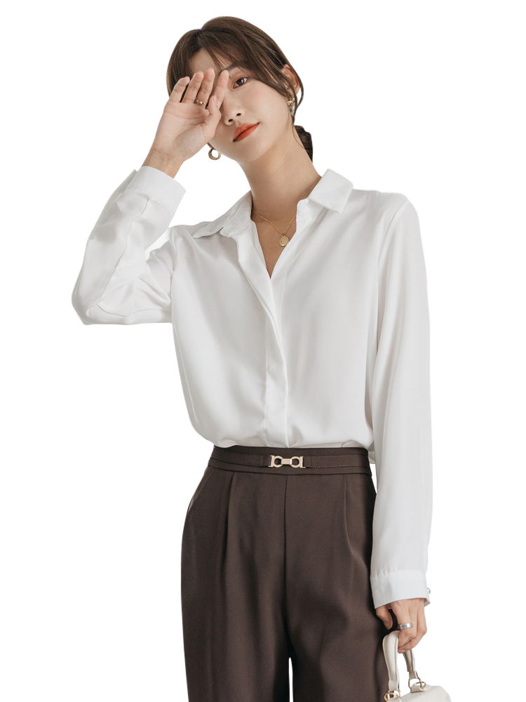 爱雅蜜旗舰店职业正装白色长袖衬衫女设计感小众气质翻领盐系衬衣法式通勤上衣3