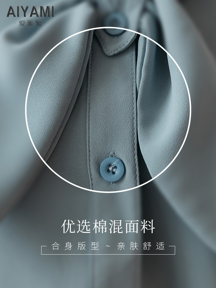 爱雅蜜旗舰店气质短袖领结雪纺衬衫女夏设计感小众温柔风蓝色上衣复古衬衫上衣1