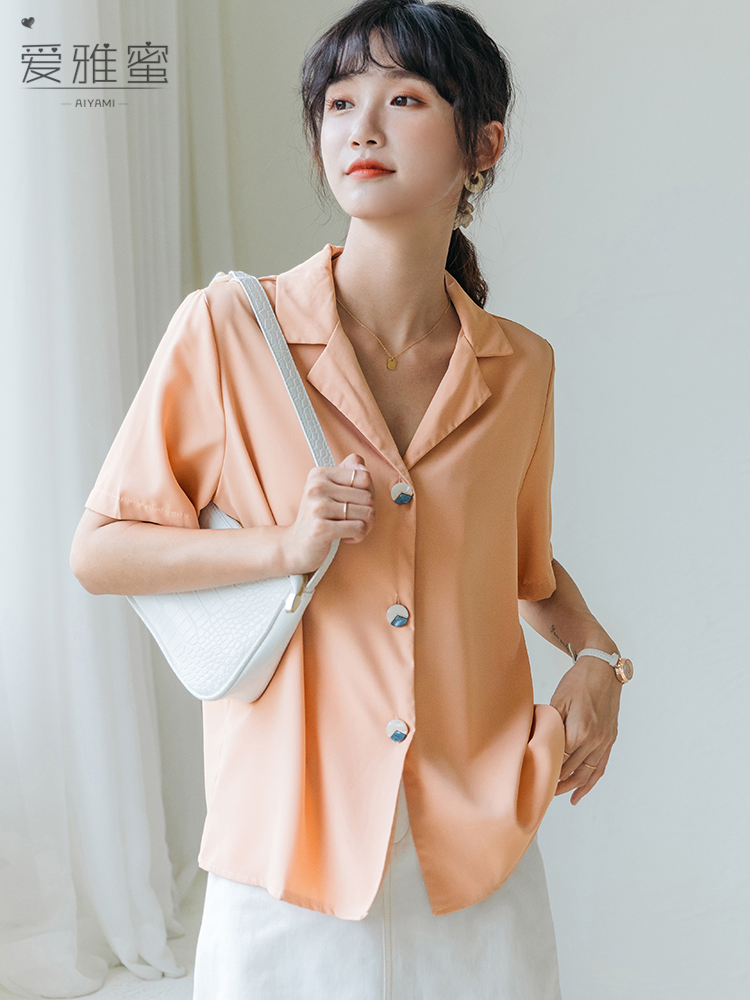 爱雅蜜旗舰店设计感小众西装领短袖白色衬衫女夏法式宽松职业面试衬衣雪纺上衣0