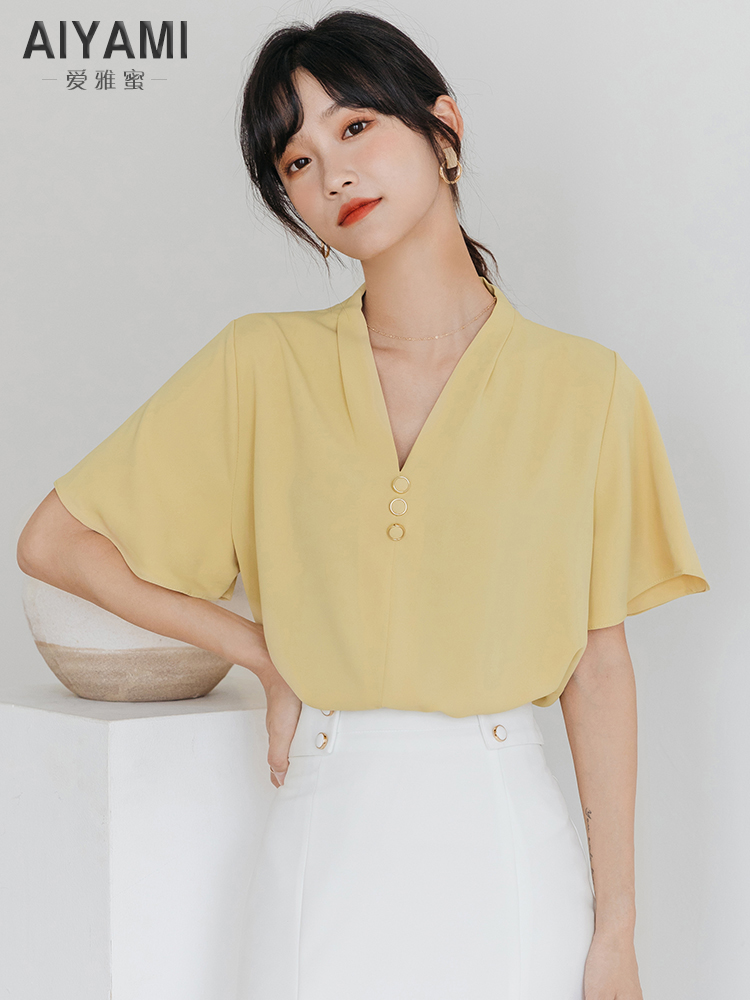 爱雅蜜旗舰店职业装衬衫女短袖工作服V领白色雪纺上衣女神范宽松气质垂感衬衣2