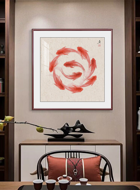 荷花九鱼图玄关装饰画招财挂画客厅餐厅壁画斗方太极八卦鲤鱼挂画