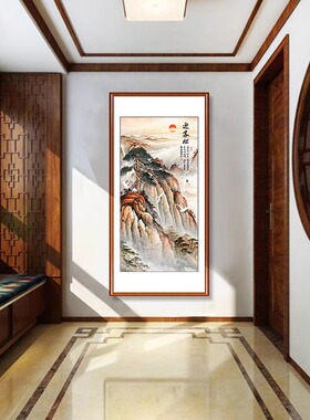 鸿运当头国画新中式玄关装饰画走廊过道尽头山水画竖版挂画墙壁画