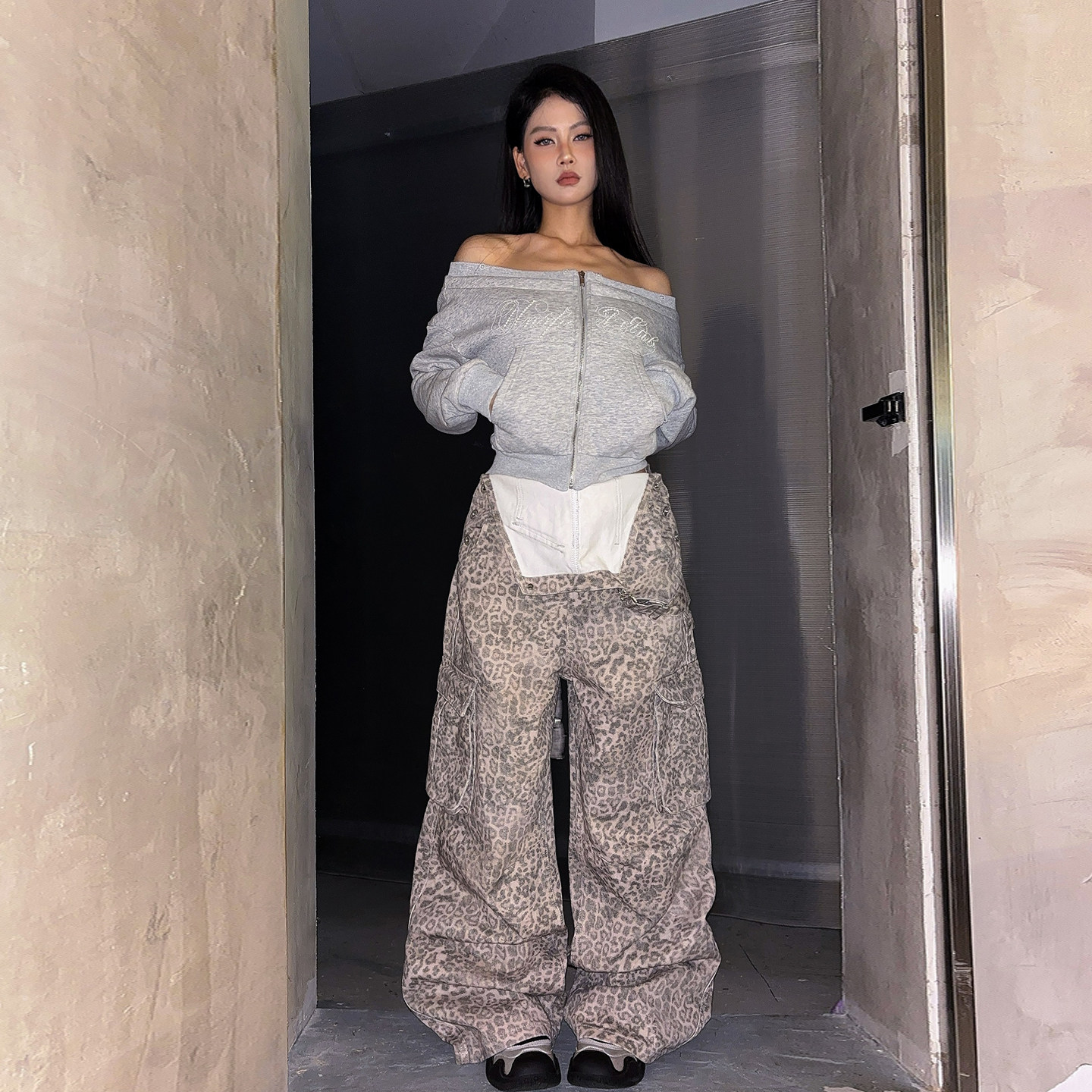 DoubleD美式街头水洗做旧豹纹牛仔背带裤多口袋工装阔腿裤长裤潮,淘宝优惠券,粉丝福利购,淘宝优惠卷