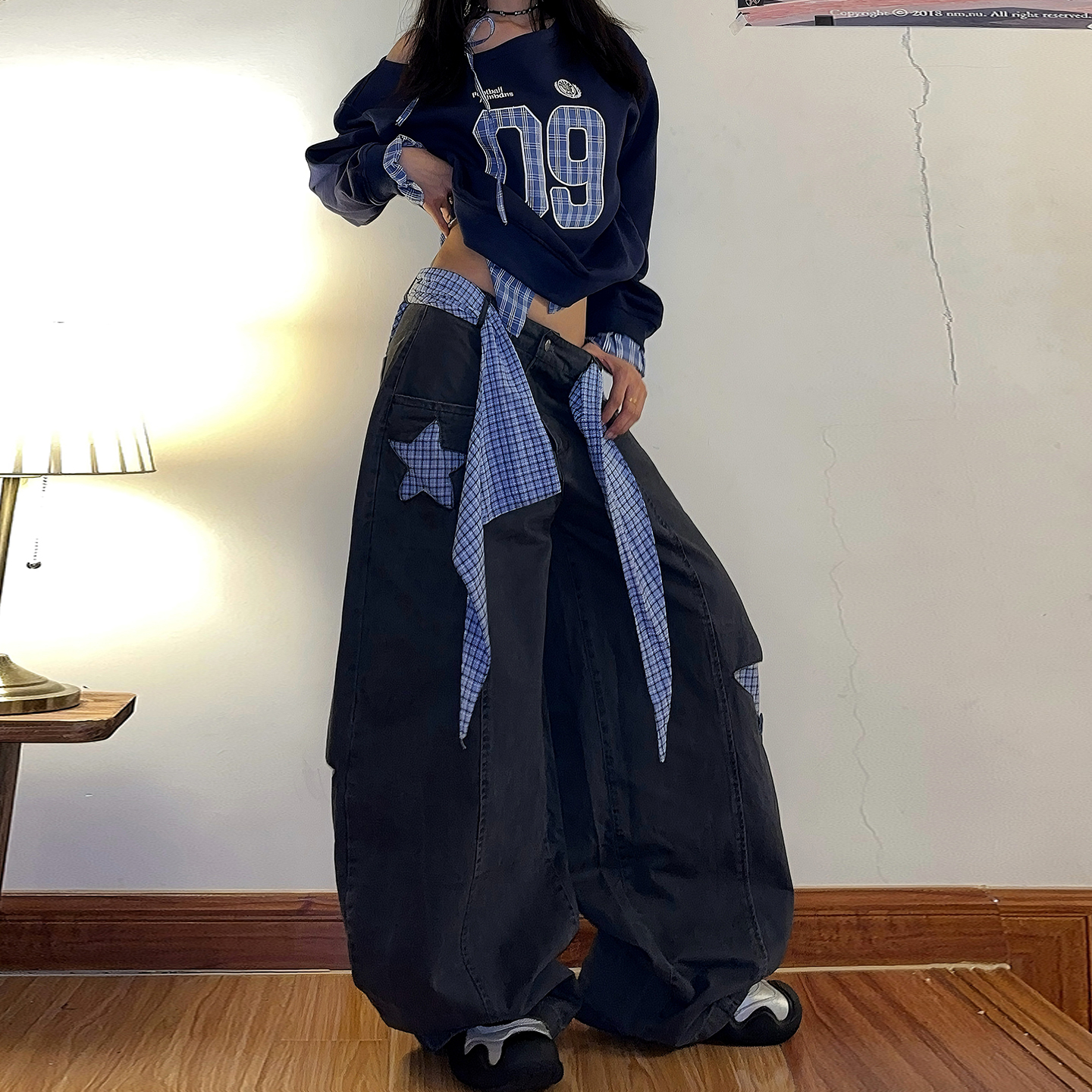 DoubleD美式复古屁帘叠穿格子星星拼接弯刀裤男女爵士舞阔腿长裤 - 图0